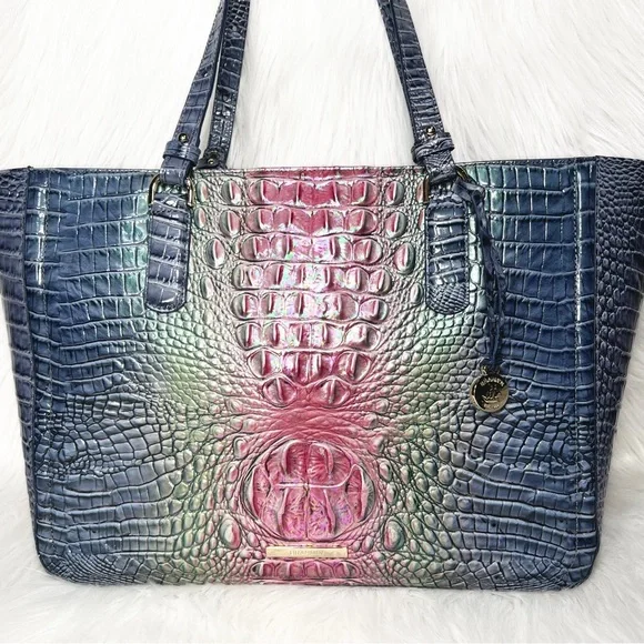 SOLD-Brahmin Iridescent Oil Slick Ombre Blue Pink Croc Leather Shoulder Bag - Picture 11 of 12